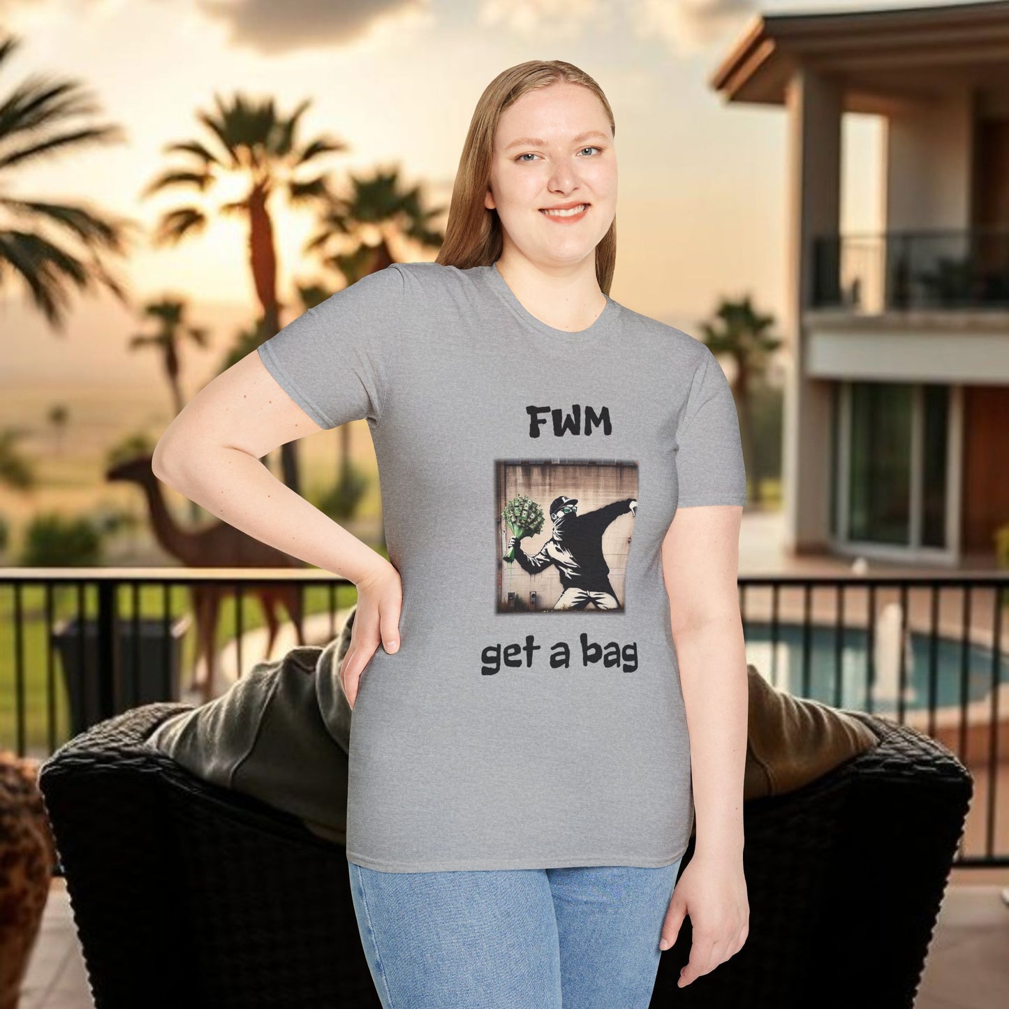 T-Shirt — "FWM Get a Bag" Graphic Tee (Banksy-Style Street Art)
