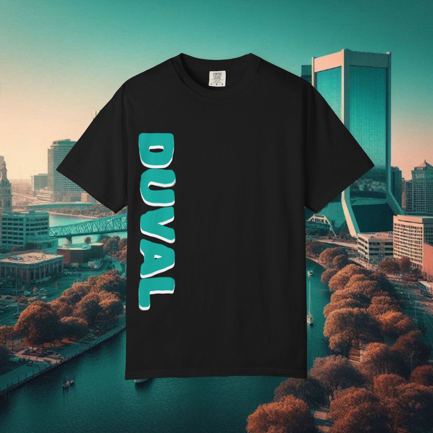 Duval Stylish T-Shirt — Jacksonville Pride Vertical DUVAL Design, Front and Back Designs