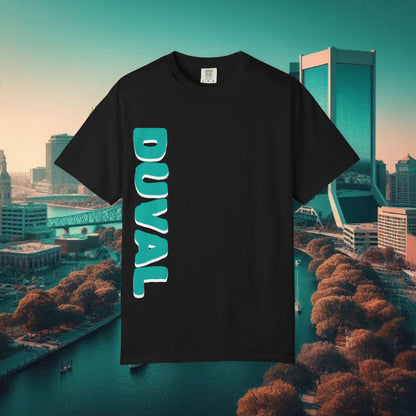 Duval Stylish T-Shirt — Jacksonville Pride Vertical DUVAL Design, Front and Back Designs