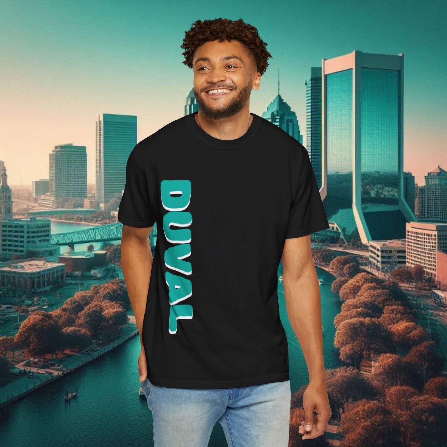 Duval Stylish T-Shirt — Jacksonville Pride Vertical DUVAL Design, Front and Back Designs