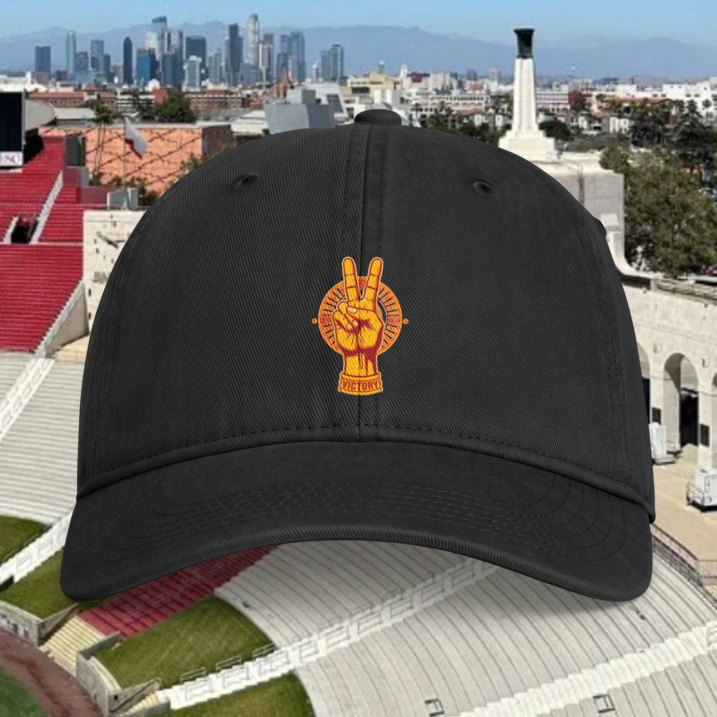 Washed Coastal Cap with Embroidered Trojan Victory Sign — Beach Vibe Hat