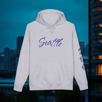 Seattle Script Hoodie — Minimalist City Sweatshirt with 206 Sleeve
