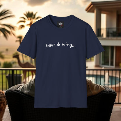Beer & Wings Unisex Softstyle T-Shirt, Casual Gift for BBQ Lovers, Fun Drink Shirt, Summer Party Apparel, Unique Gift for Foodies