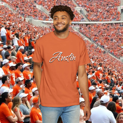 Austin Fan T-Shirt, Soft-style, front and back graphic. Stylish and fashionable tailgate attire.