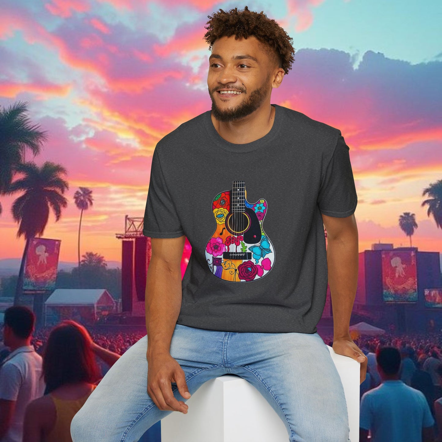 Colorful Acoustic Guitar T-Shirt, Music Lover's Tee, Festival Wear, Gift for Musicians, Vibrant Graphic Shirt