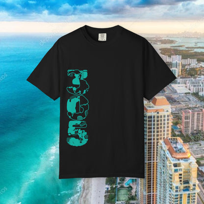 Miami Beach Graphic T-Shirt — Orange Garment-Dyed Tee with Green Vertical Palm Design