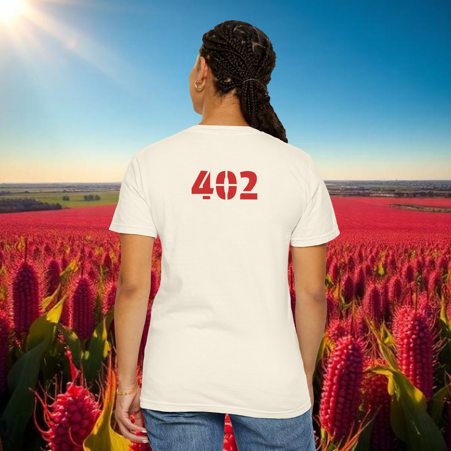 Lincoln Nebraska Area Code T-Shirt — White Tee with Red "Nebraska" & 402 Back Print, Soft-Style T-Shirt