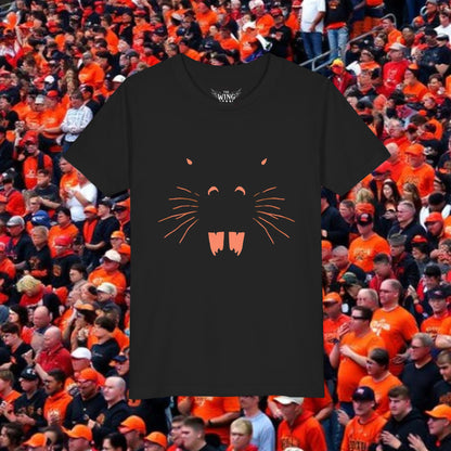 Youth Tee — Kids Black Shirt with Orange Whisker & Teeth Graphic, Perfect for Gameday