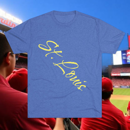 St. Louis Script Tee — Diagonal Red Script City Baseball and Hockey T‑Shirt