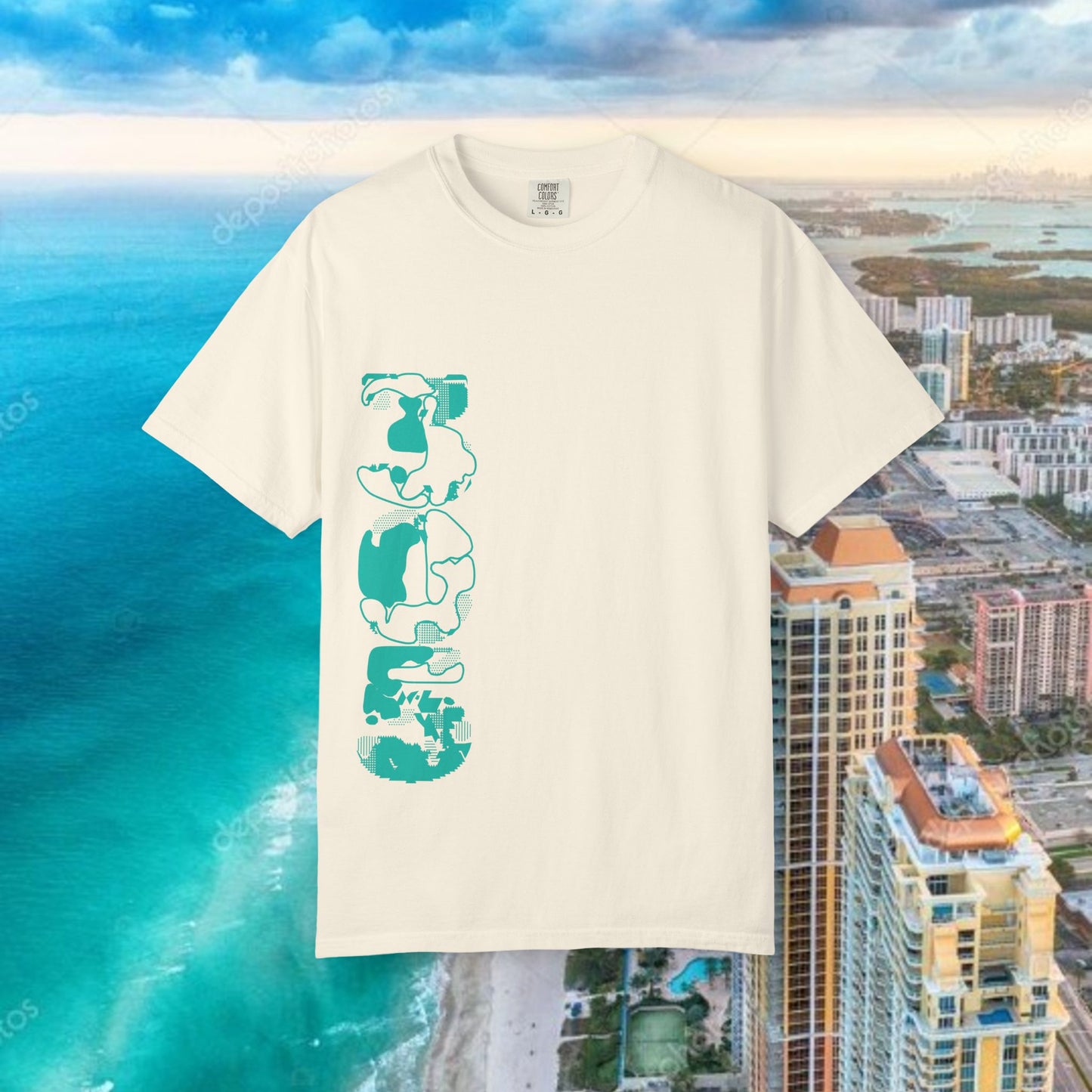 Miami Beach Graphic T-Shirt — Orange Garment-Dyed Tee with Green Vertical Palm Design