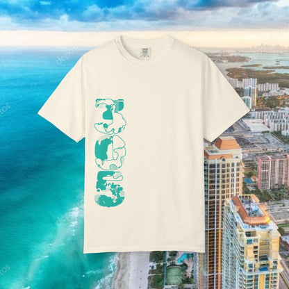 Miami Beach Graphic T-Shirt — Orange Garment-Dyed Tee with Green Vertical Palm Design