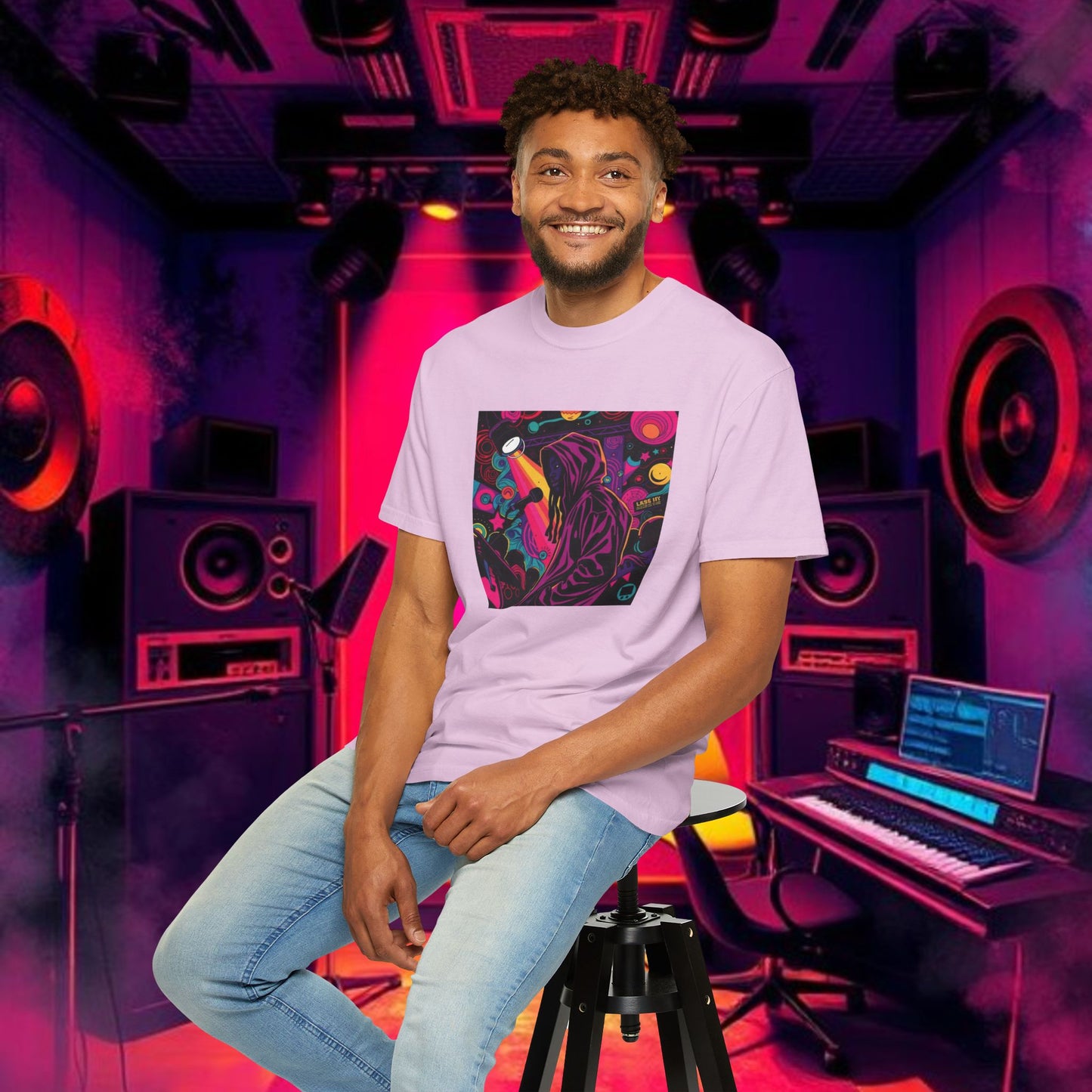 Colorful Unisex Garment-Dyed T-shirt, Artistic Graphic Tee, Music Festival Shirt, Casual Everyday Wear, Vibrant Streetwear, Unique Gift Idea