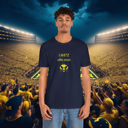 I Hate Ohio State Tee, Unisex Jersey Short Sleeve Tee, Game Day Shirt, College Sports Apparel, Football Fan Gift, Yellow Tee