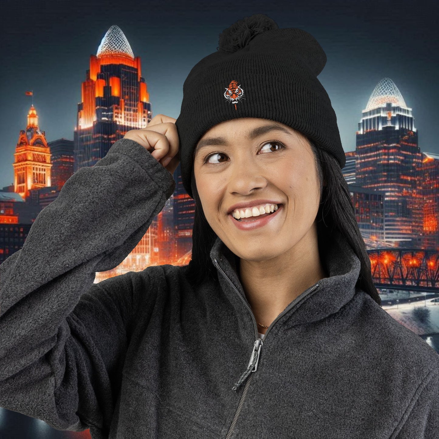 Bengal Tiger Pom-Pom Knit Cap - Cozy Winter Hat, Embroidered Beanie for Sports Fans, Gift for Holidays, Fashion Accessory, Cold Weather Gear