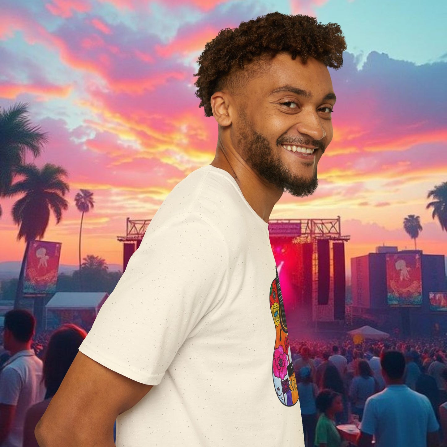 Colorful Acoustic Guitar T-Shirt, Music Lover's Tee, Festival Wear, Gift for Musicians, Vibrant Graphic Shirt