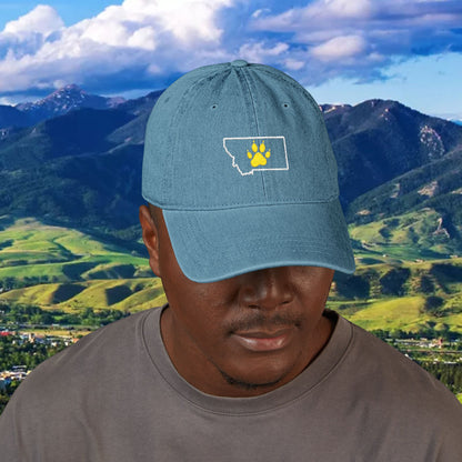 Montana Paw Print Denim Hat, Embroidered Hat, Casual Wear, Gift for Bobcat Fans, Outdoor Adventure Cap, Summer Accessories