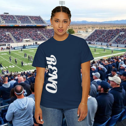 Reno Tee, Vertical Reno Logo and Subtle Wolf Graphic, Soft Style Shirt, Perfect style for Gameday