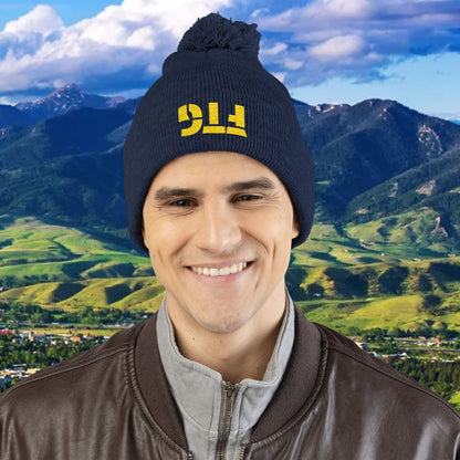 Upside Down FTG Cozy Pom-Pom Knit Cap, Winter Beanie, Embroidered Hat, Perfect Gift, Unisex, Cold Weather Accessory