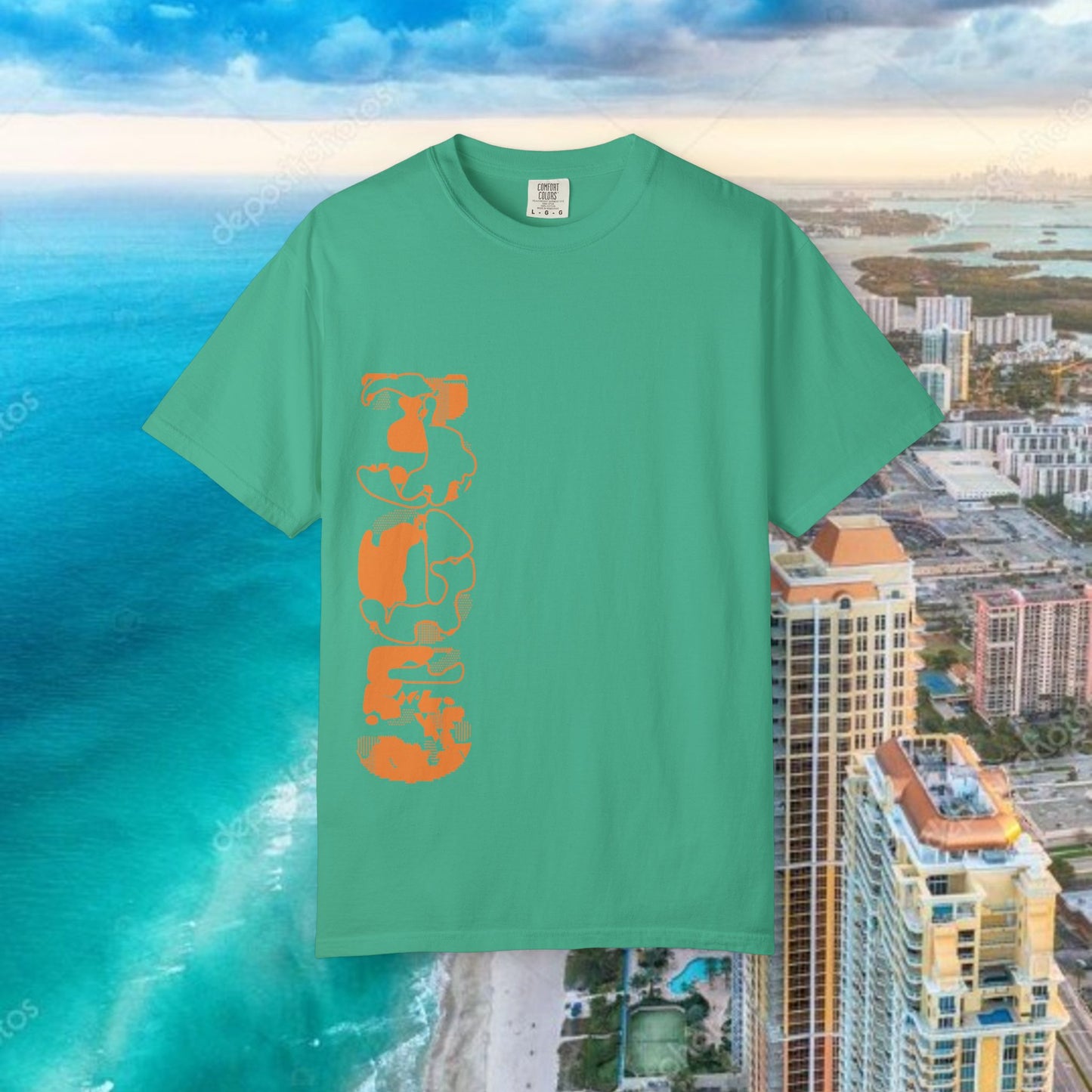 Miami Beach Graphic T-Shirt — Orange Garment-Dyed Tee with Green Vertical Palm Design
