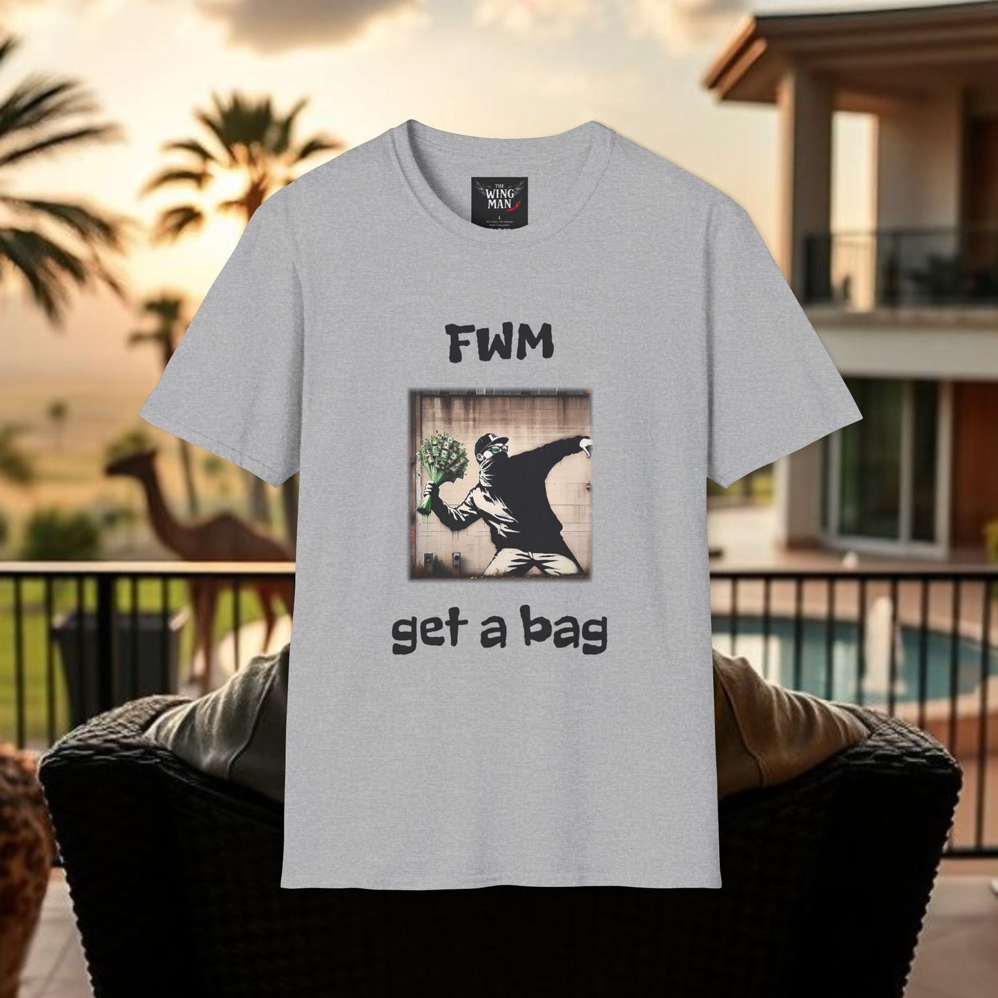 T-Shirt — "FWM Get a Bag" Graphic Tee (Banksy-Style Street Art)