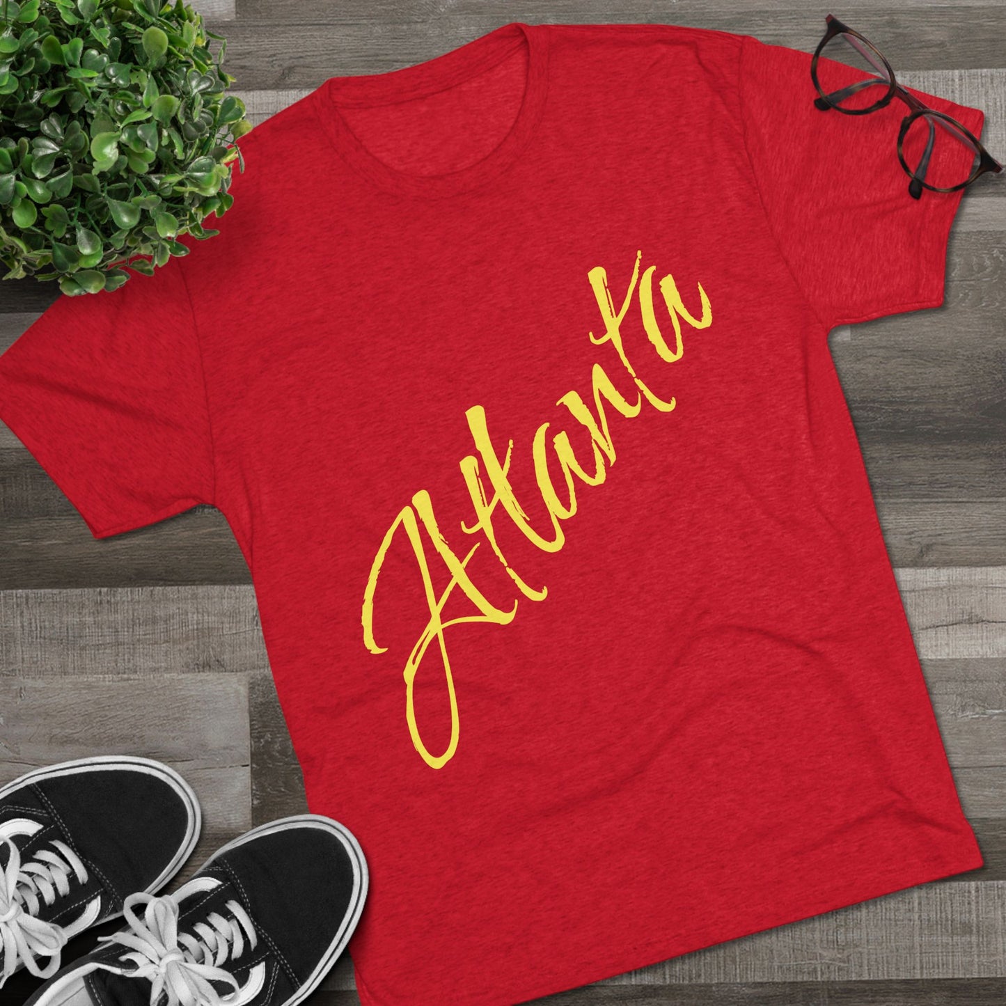 Atlanta Script Tee — Red Diagonal City Name T-Shirt, Tri-Blend Super Soft Style T-Shirt, Perfect for Gameday or a Night Out