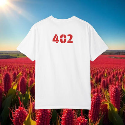 Lincoln Nebraska Area Code T-Shirt — White Tee with Red "Nebraska" & 402 Back Print, Soft-Style T-Shirt