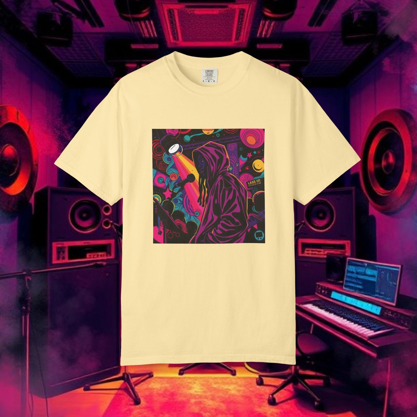 Colorful Unisex Garment-Dyed T-shirt, Artistic Graphic Tee, Music Festival Shirt, Casual Everyday Wear, Vibrant Streetwear, Unique Gift Idea