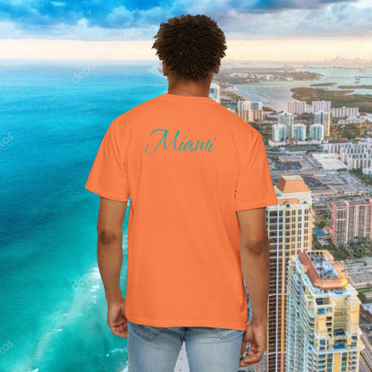 Miami Beach Graphic T-Shirt — Orange Garment-Dyed Tee with Green Vertical Palm Design