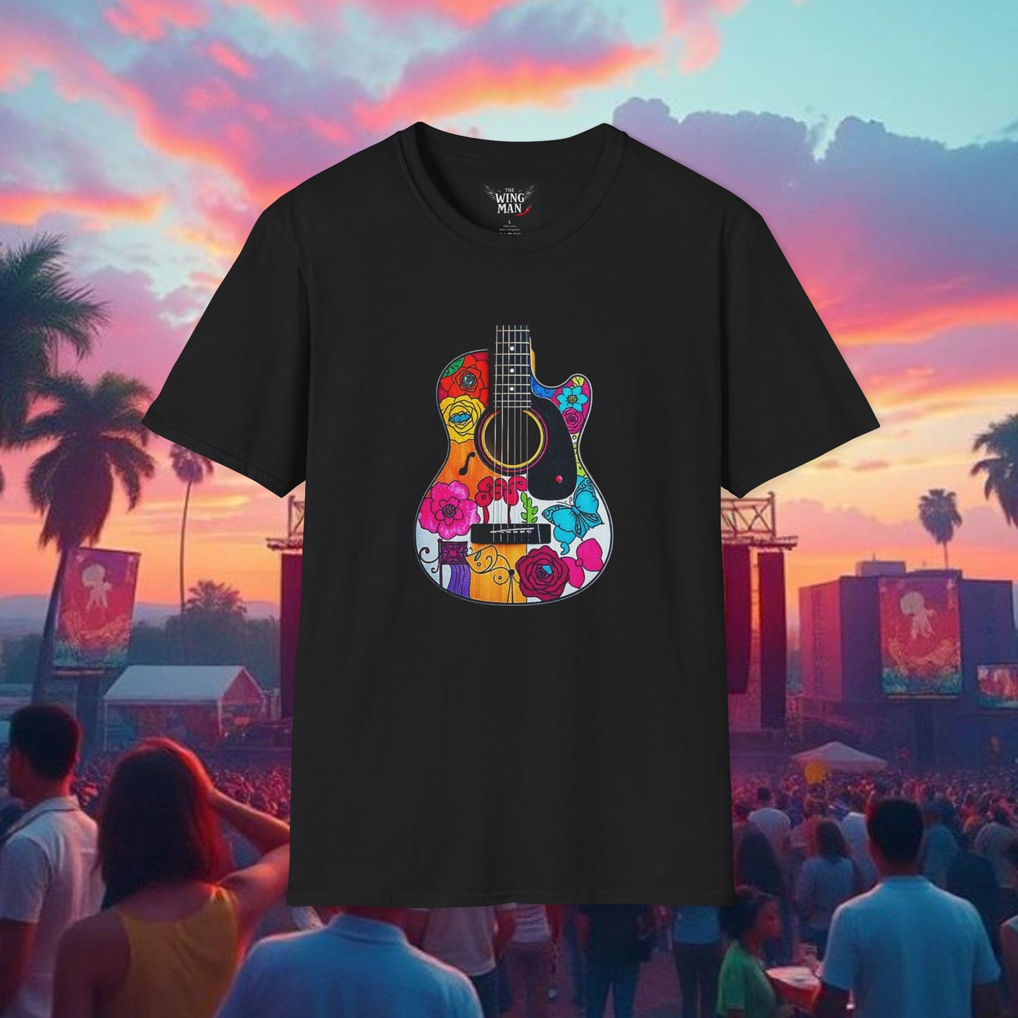 Colorful Acoustic Guitar T-Shirt, Music Lover's Tee, Festival Wear, Gift for Musicians, Vibrant Graphic Shirt