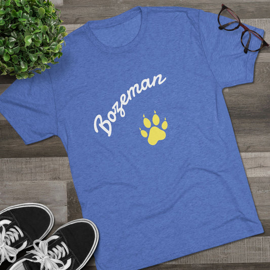 Bozeman Paw Script T‑Shirt — Mountain Town Tee with Gold Paw Print, Tri-Blend Soft Style T-Shirt