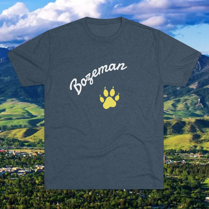 Bozeman Paw Script T‑Shirt — Mountain Town Tee with Gold Paw Print, Tri-Blend Soft Style T-Shirt
