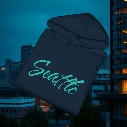 Seattle Script Hoodie — Minimalist City Sweatshirt with 206 Sleeve