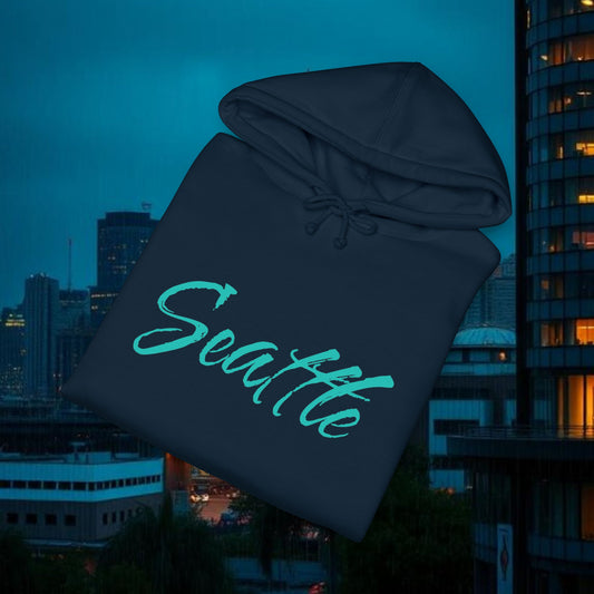 Seattle Script Hoodie — Minimalist City Sweatshirt with 206 Sleeve