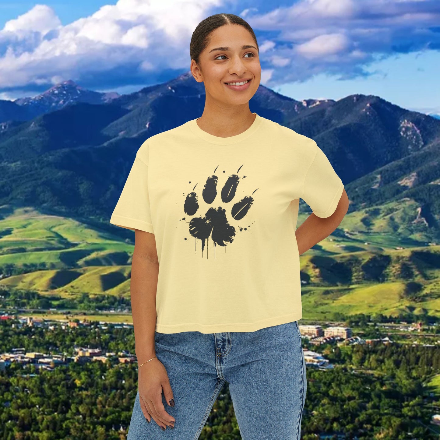 Women's Boxy Tee with Black Paw Print — Casual Cat Paw Print Graphic Shirt