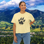 Women's Boxy Tee with Black Paw Print — Casual Cat Paw Print Graphic Shirt