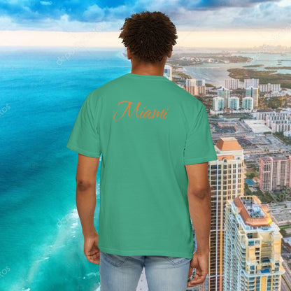 Miami Beach Graphic T-Shirt — Orange Garment-Dyed Tee with Green Vertical Palm Design
