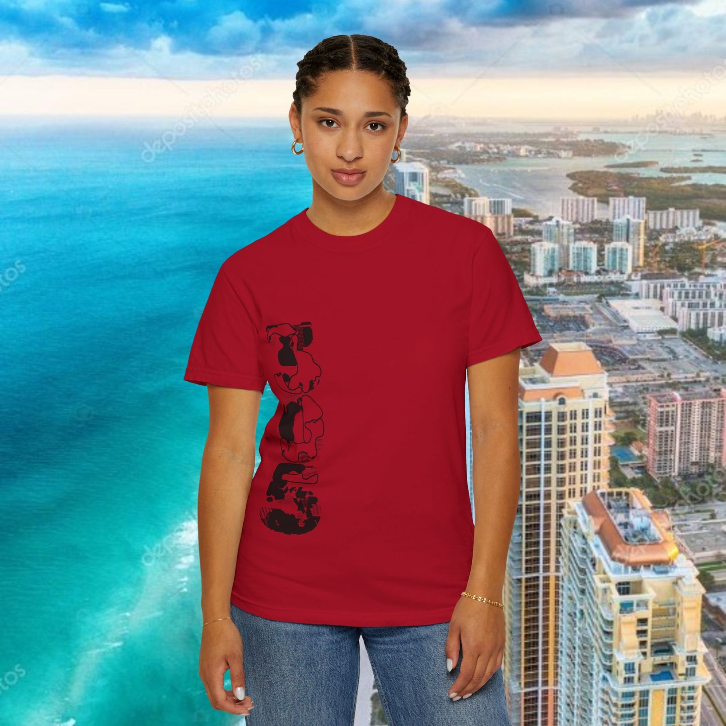 Miami Beach Graphic T-Shirt — Orange Garment-Dyed Tee with Green Vertical Palm Design