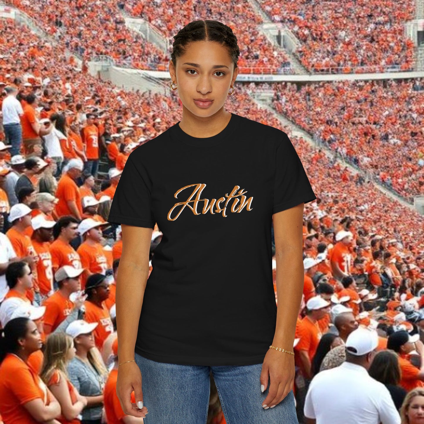 Austin Fan T-Shirt, Soft-style, front and back graphic. Stylish and fashionable tailgate attire.