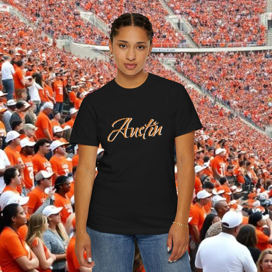 Austin Fan T-Shirt, Soft-style, front and back graphic. Stylish and fashionable tailgate attire.