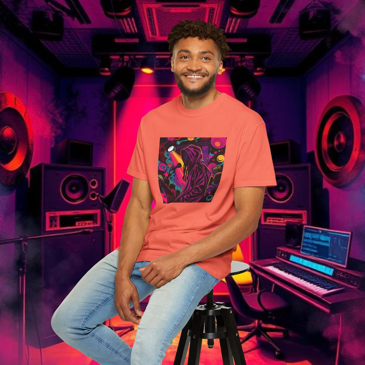 Colorful Unisex Garment-Dyed T-shirt, Artistic Graphic Tee, Music Festival Shirt, Casual Everyday Wear, Vibrant Streetwear, Unique Gift Idea