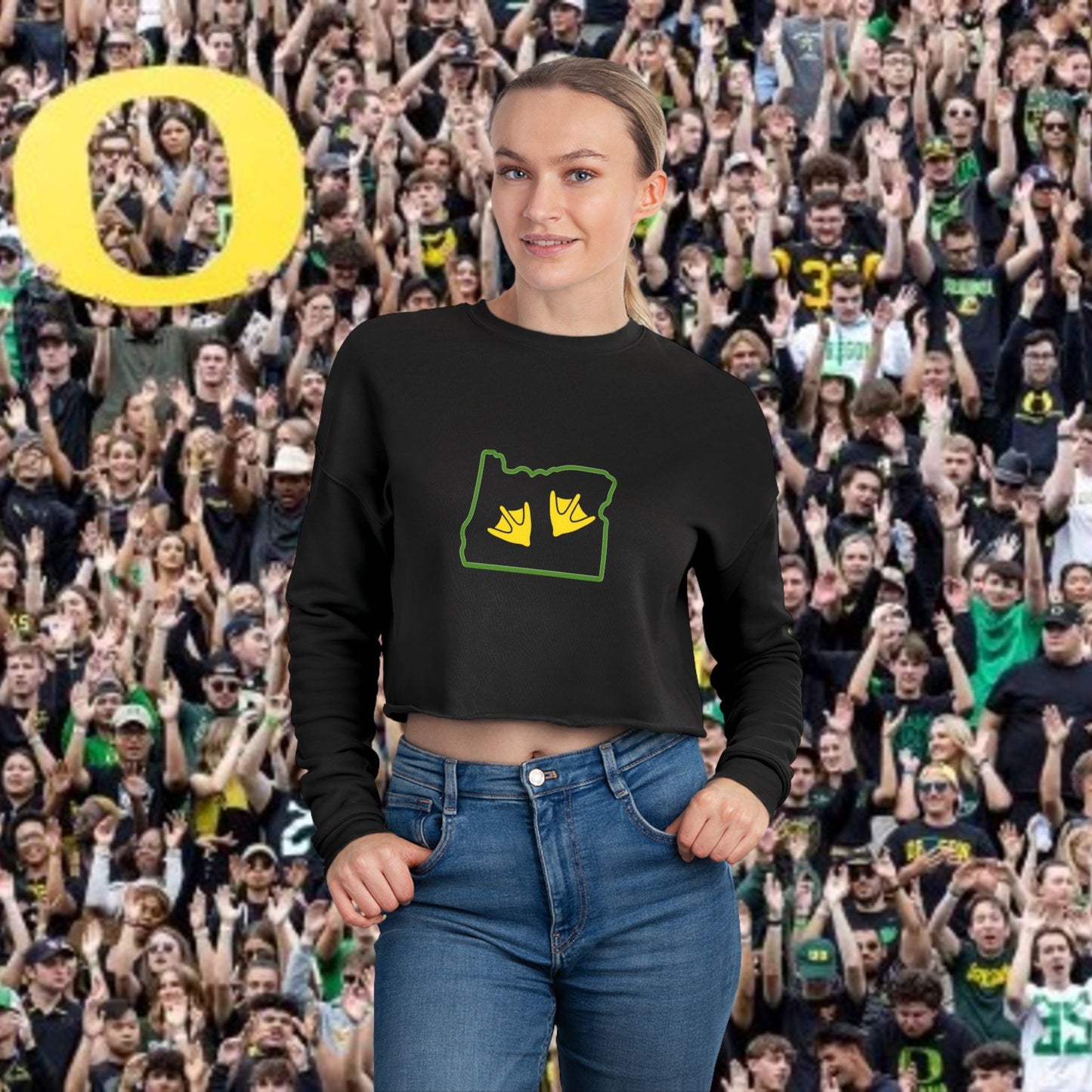 Duck Foot Print Women's Cropped Sweatshirt, Cute Casual Top, Cropped Sweatshirt, Gifts for Sports Fans, Cozy Fall Apparel