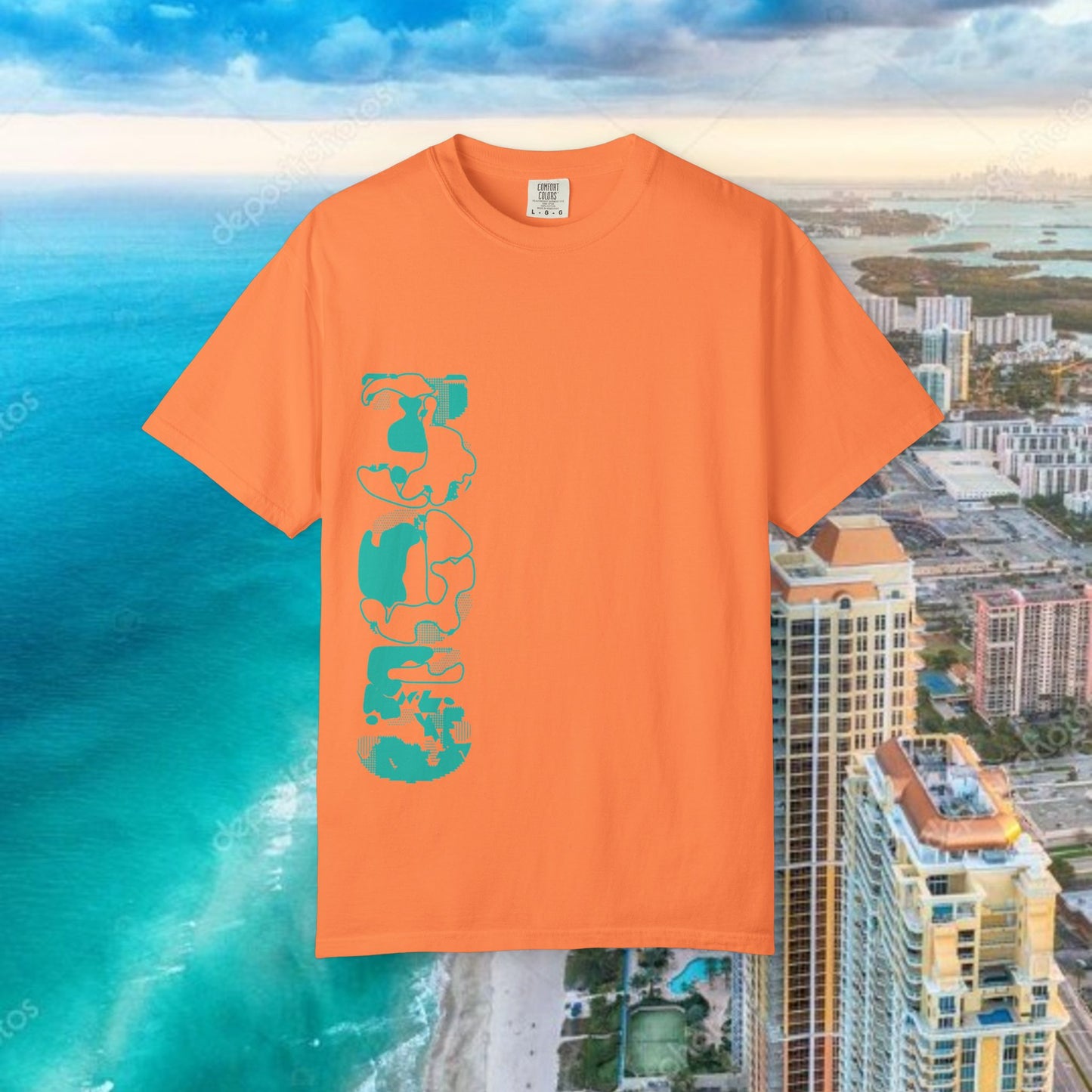 Miami Beach Graphic T-Shirt — Orange Garment-Dyed Tee with Green Vertical Palm Design