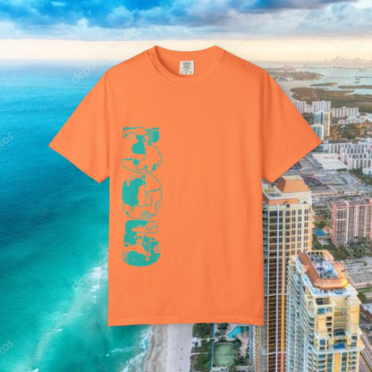 Miami Beach Graphic T-Shirt — Orange Garment-Dyed Tee with Green Vertical Palm Design