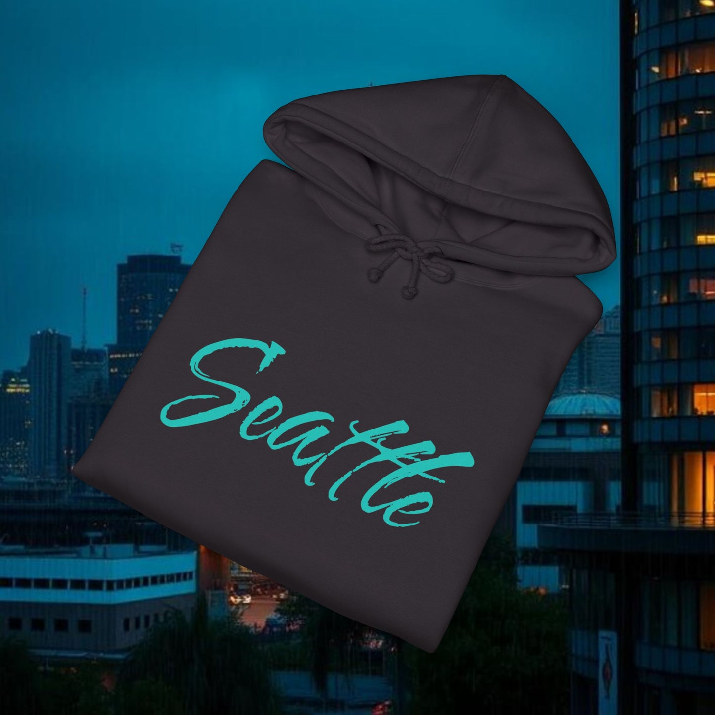 Seattle Script Hoodie — Minimalist City Sweatshirt with 206 Sleeve