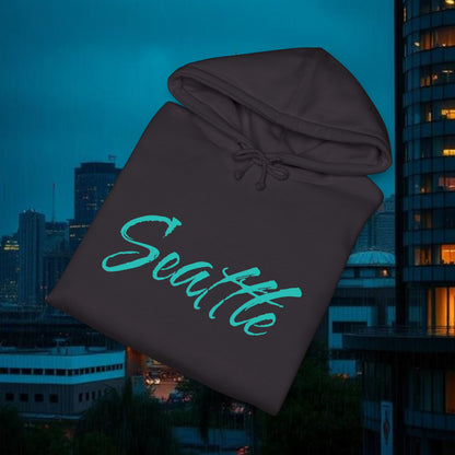 Seattle Script Hoodie — Minimalist City Sweatshirt with 206 Sleeve