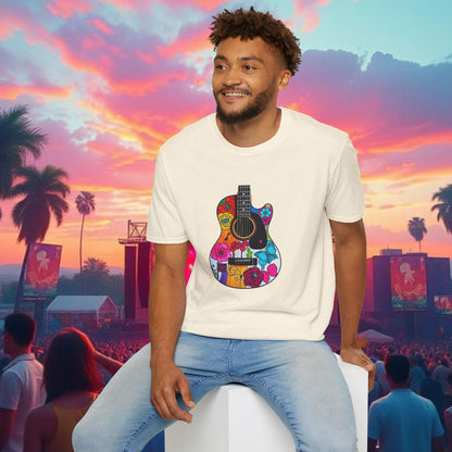 Colorful Acoustic Guitar T-Shirt, Music Lover's Tee, Festival Wear, Gift for Musicians, Vibrant Graphic Shirt
