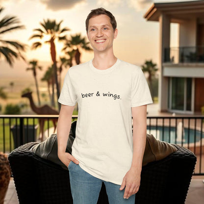Beer & Wings Unisex Softstyle T-Shirt, Casual Gift for BBQ Lovers, Fun Drink Shirt, Summer Party Apparel, Unique Gift for Foodies