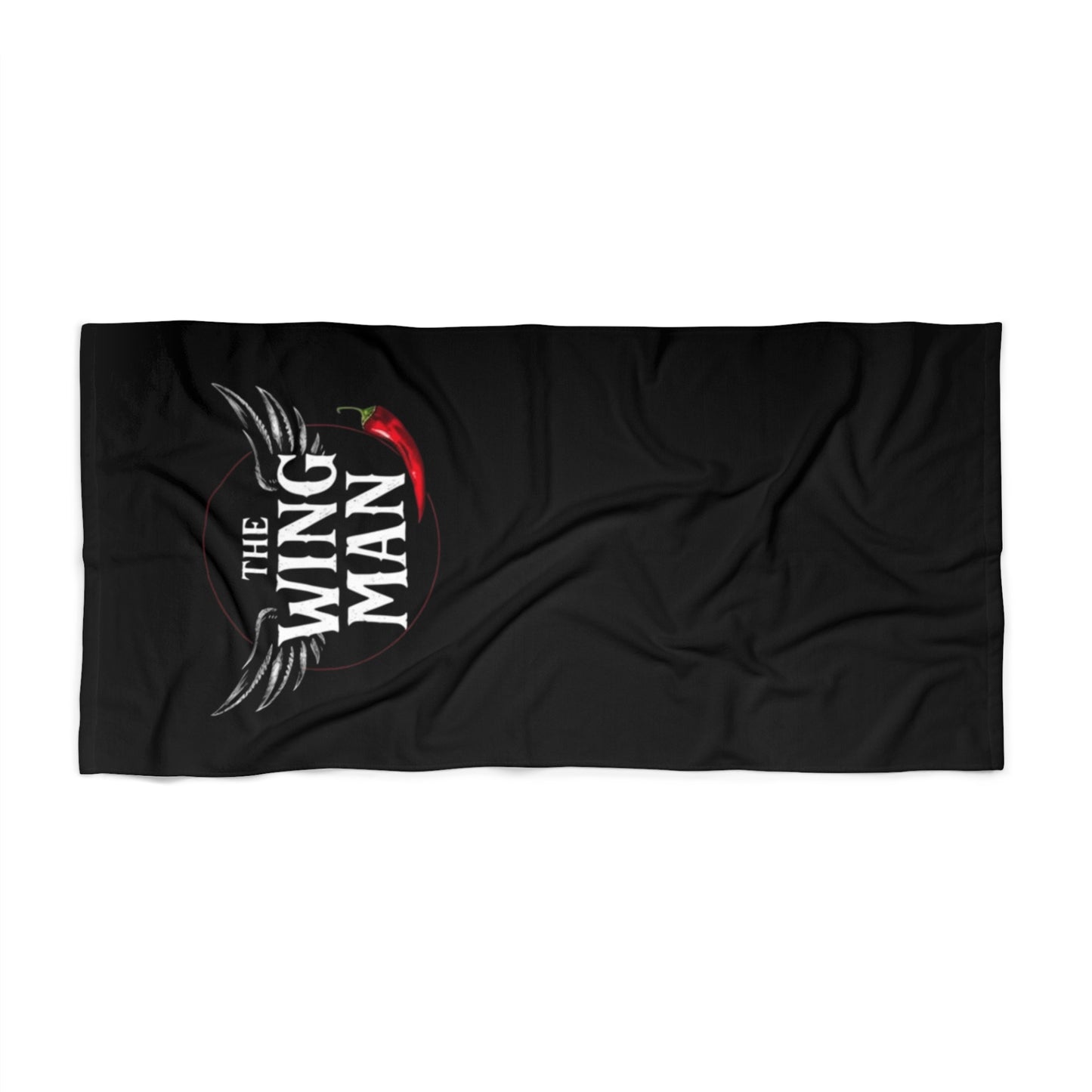 The Wing Man Beach Towel — Bold Black Towel with Chili Pepper & Wings Design