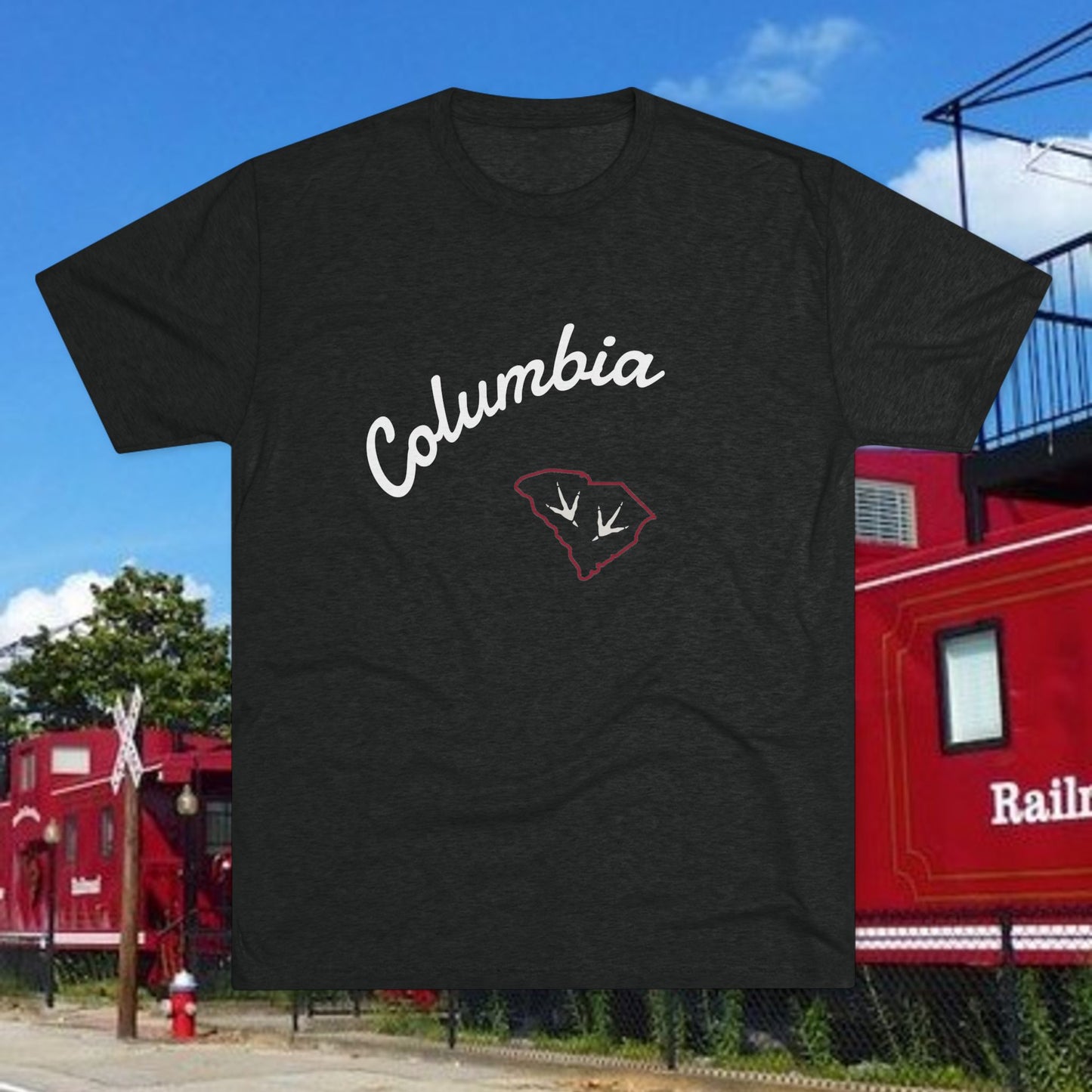 Columbia Script T‑Shirt — Retro City Tee with Rooster Footprint, Tr-Blend T-Shirt, Soft-Style, Perfect for Gameday