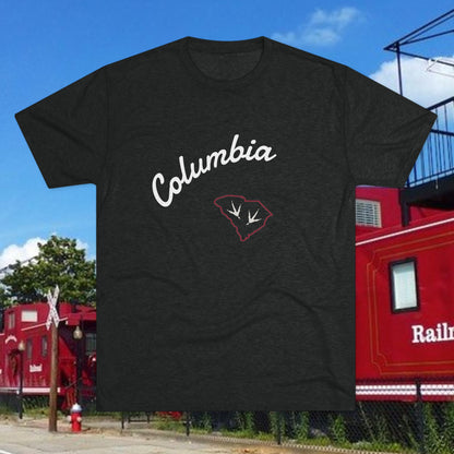 Columbia Script T‑Shirt — Retro City Tee with Rooster Footprint, Tr-Blend T-Shirt, Soft-Style, Perfect for Gameday
